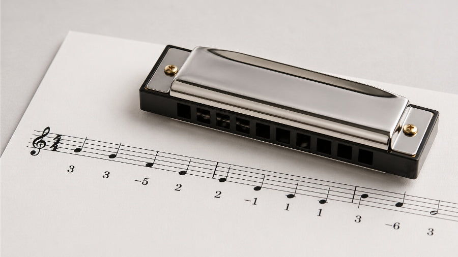 Close-up of a 10 hole harmonica placed on a sheet of harmonica tablature with musical notes on a grey background.