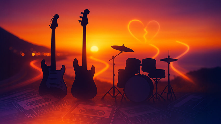 Silhouettes of an electric guitar, bass, and drum set stand against a glowing sunset over a coastal highway