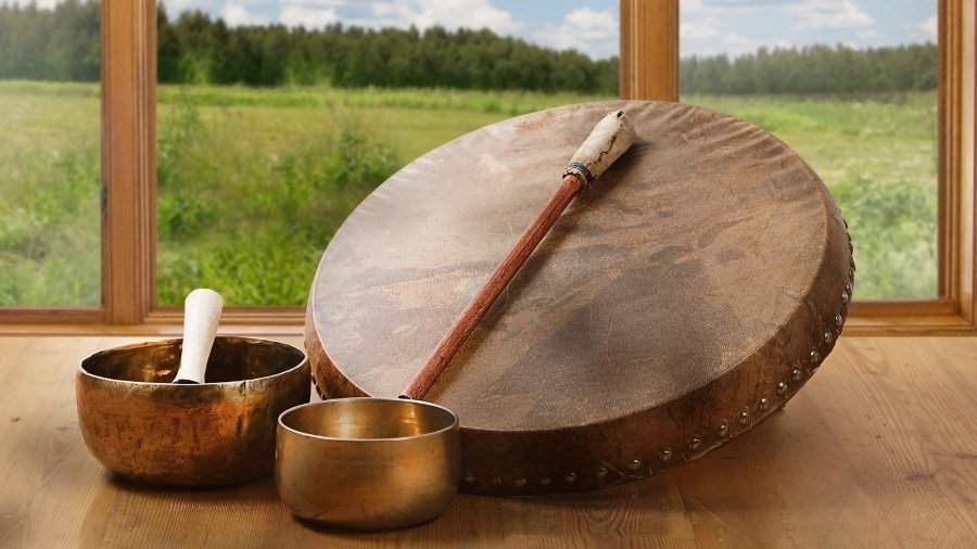 Shamanic Drum and beater with two shamanic singing bowls