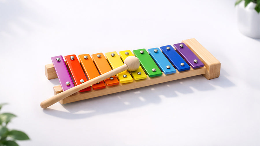 Rainbow-coloured glockenspiel with wooden beater on a clean white studio background, styled with soft natural light and green plants for a minimalist, Apple-style aesthetic.