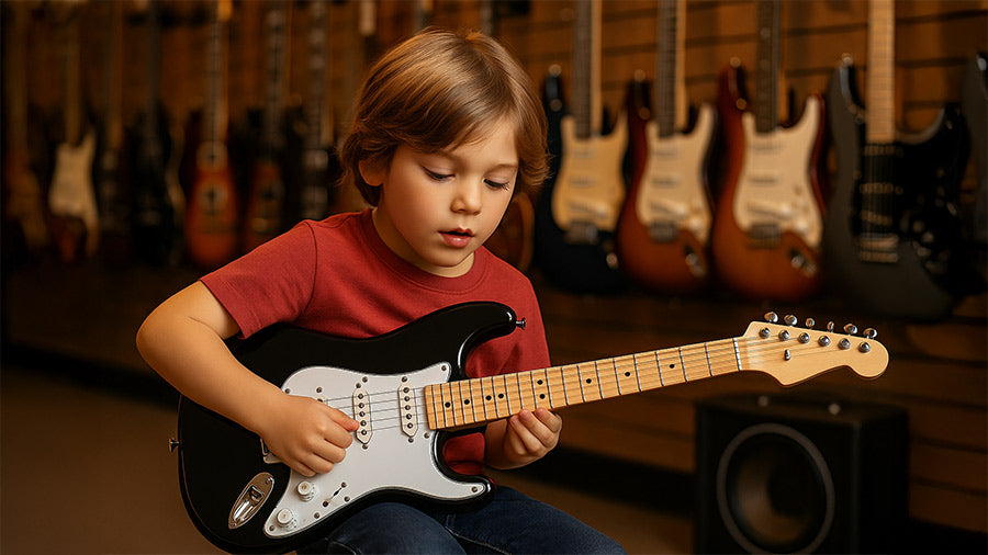 Kid playing black strat electric guitar in music shop with guitar display in background