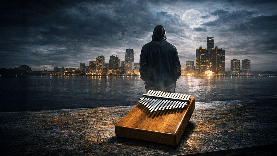 Hooded rapper holding a kalimba in a moody cityscape representing Eminem kalimba song tabs and hip-hop melodies played on thumb piano