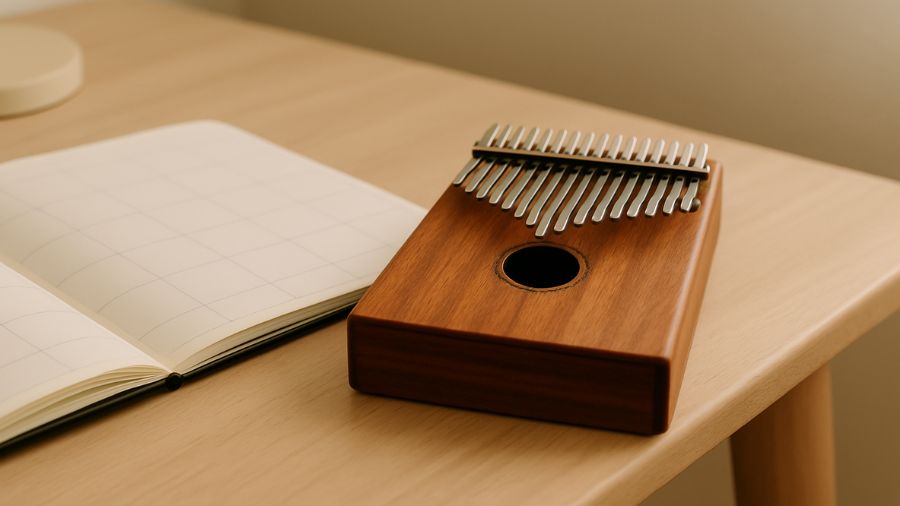 Wooden kalimba next to open calendar book