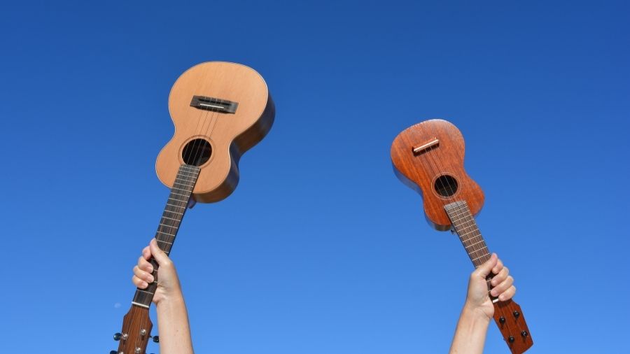 Two hands holding ukuleles up against the sky.