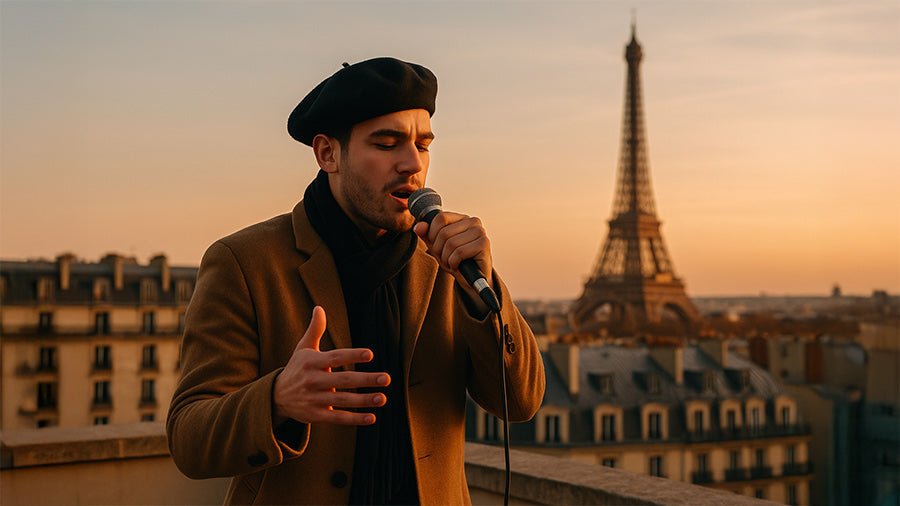A young man in a beret and camel overcoat passionately raps into a microphone on a Paris rooftop at golden hour, with the Eiffel Tower and Haussmann buildings in the background.