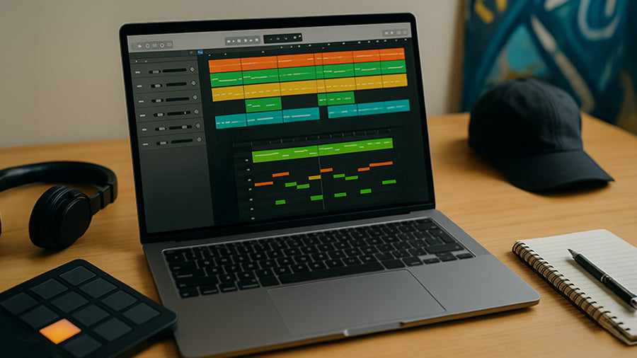 MacBook Pro on a wooden desk running Logic Pro with colorful tracks and a drum pattern, surrounded by a MIDI pad controller, headphones, a notebook with a pen, and a black cap, styled in a bright modern Apple aesthetic with subtle urban elements.