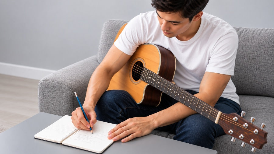 Man writing in a notebook with an acoustic guitar on his lap while sitting on a sofa