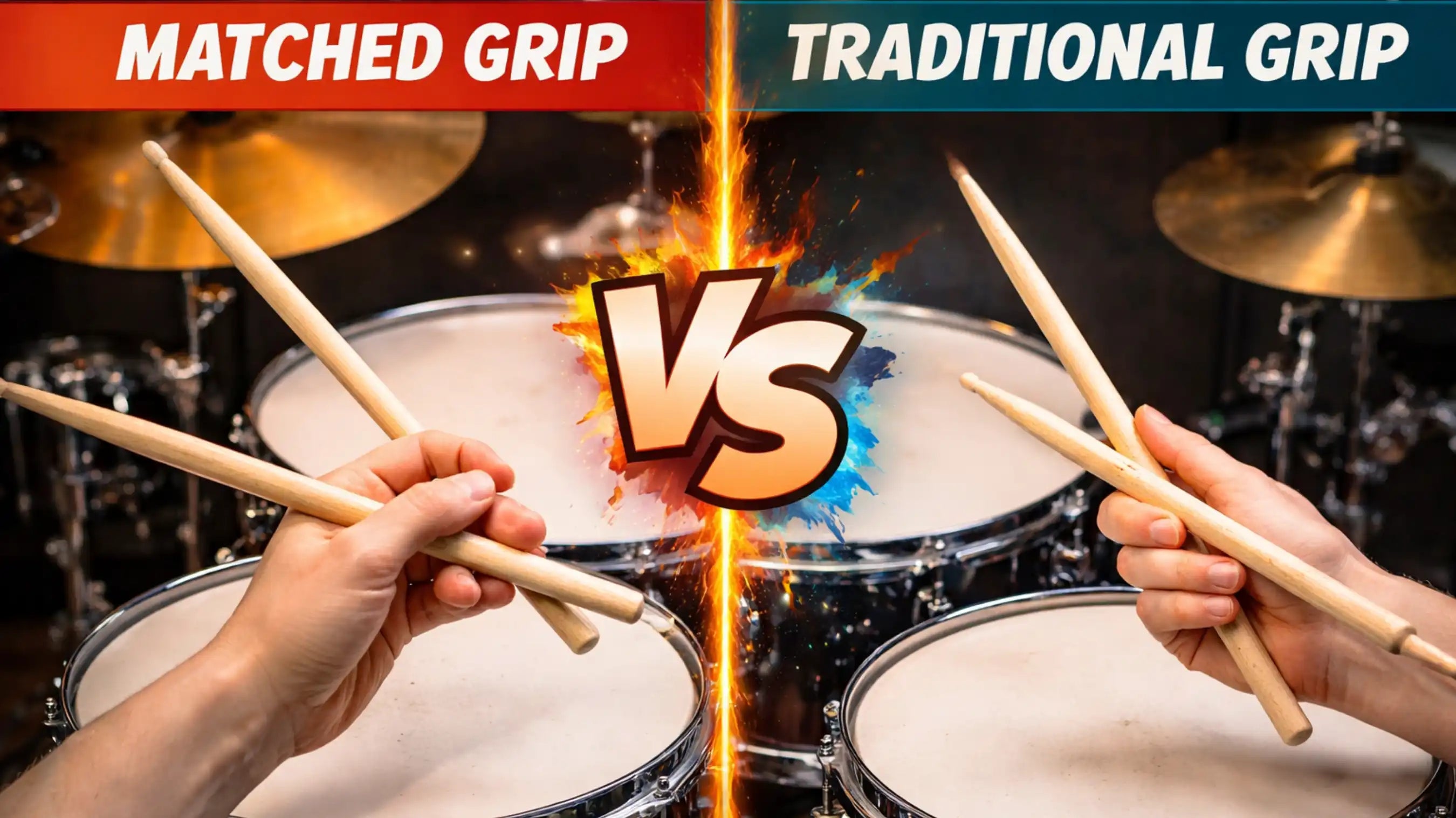 hands doing matched grip and hands doing traditional grip