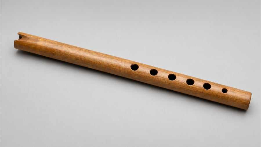 Wooden Quena Flute on a light grey studio background
