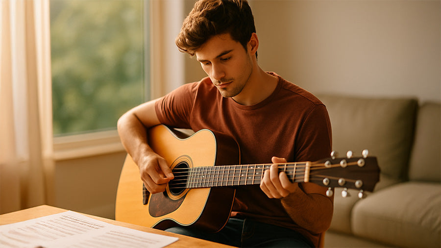 A young man with wavy hair practices on an acoustic guitar in a sunlit room, focused on the fretboard with sheet music resting on the table beside him.