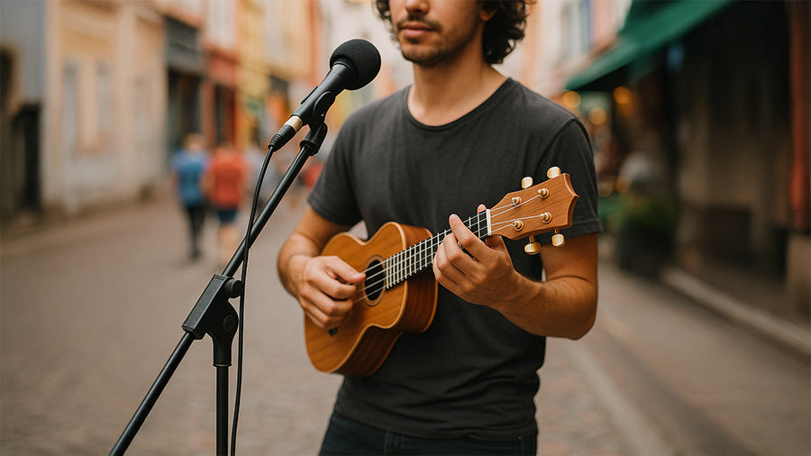 Ukulele street performer playing on a lively urban street, shown from the waist up with a slightly blurred background to highlight the instrument and performance.