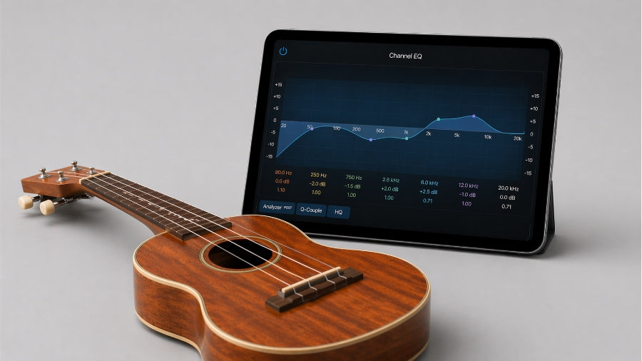 Ukulele and iPad showing recording software with EQ on a light grey studio background