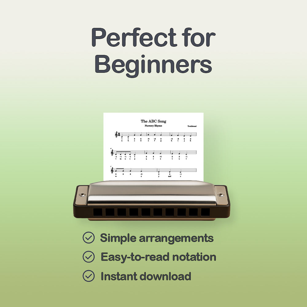 Harmonica with sheet music on a green background, labeled 'Perfect for Beginners'.
