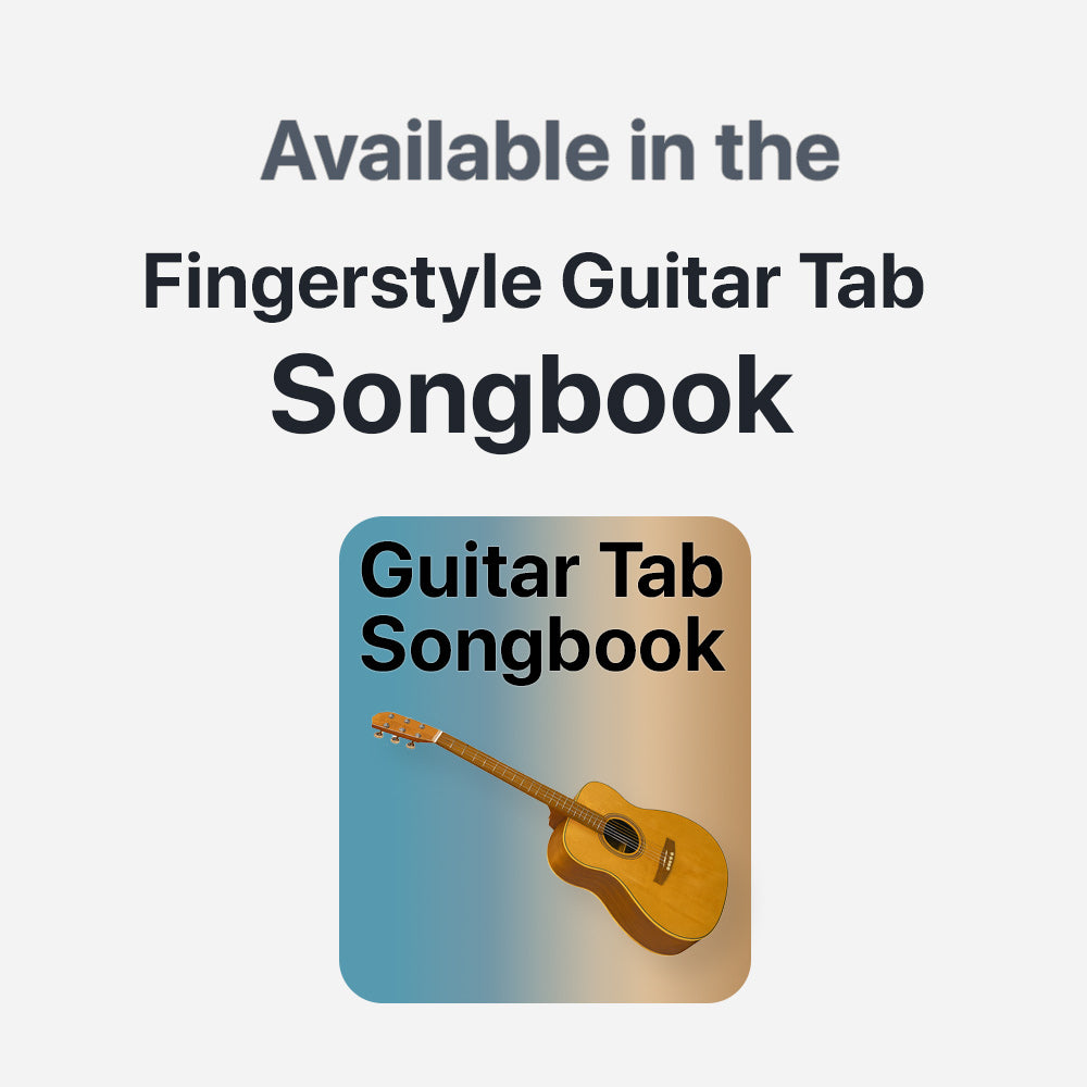 Promotional graphic for a fingerstyle guitar tab songbook with a guitar illustration on a gradient background.