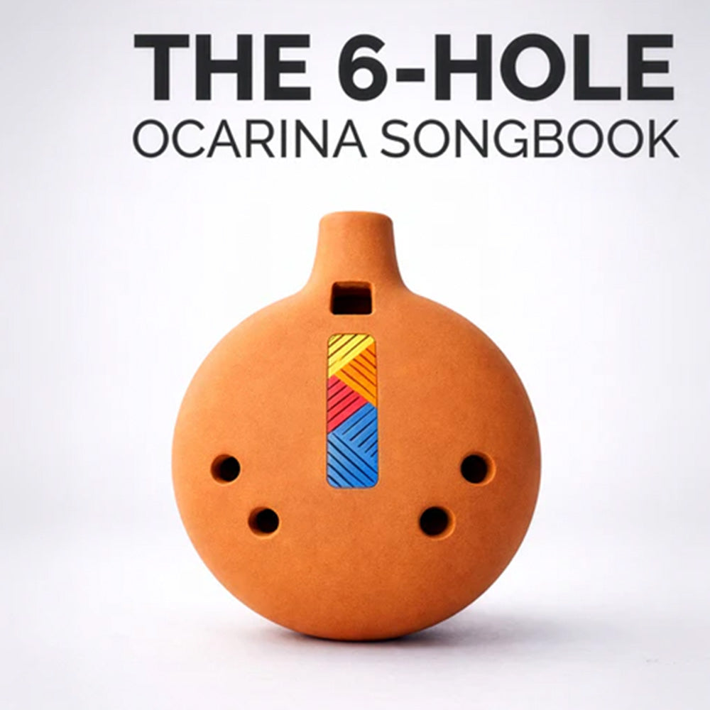 6-hole ocarina with colorful design on a white background, featuring text 'The 6-Hole Ocarina Songbook