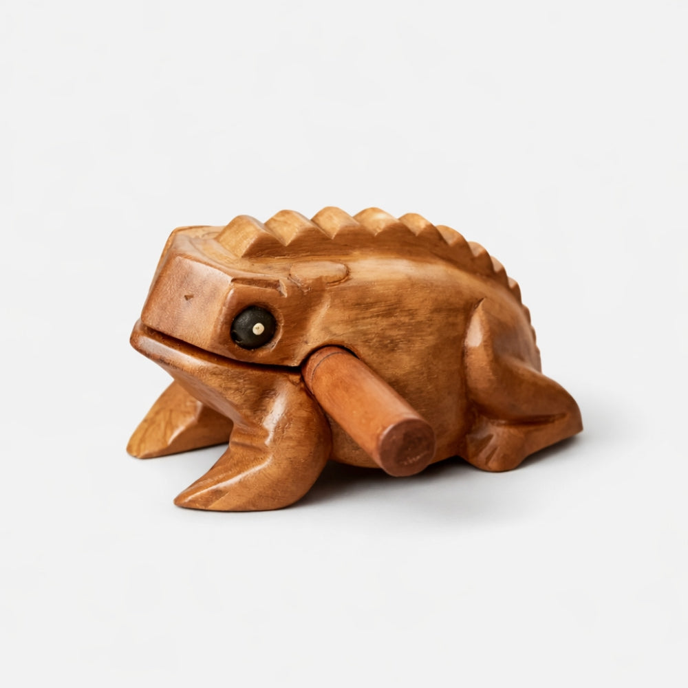 Large acacia wood frog instrument on a white background