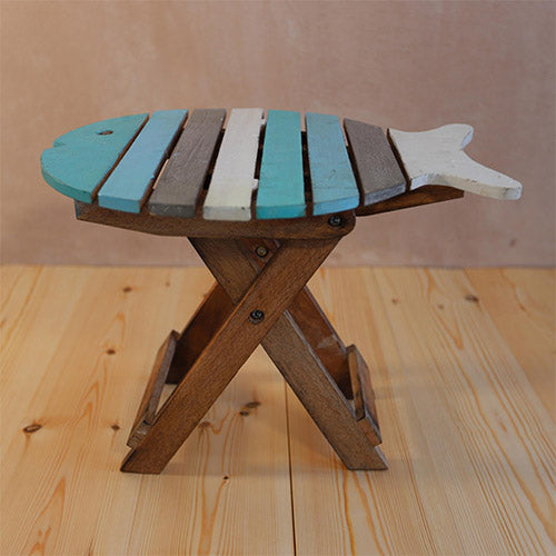 Light blue themed folding wood fish stool 