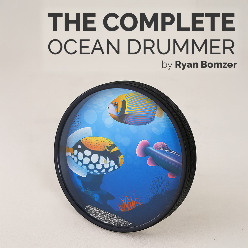 Book cover of 'The Complete Ocean Drummer' by Ryan Bomzer with an illustration of fish and a drum on a blue background.