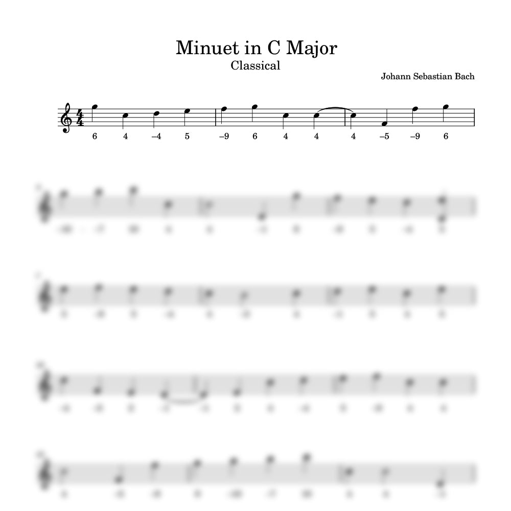 Sheet music for 'Minuet in C Major' by Johann Sebastian Bach with number notation