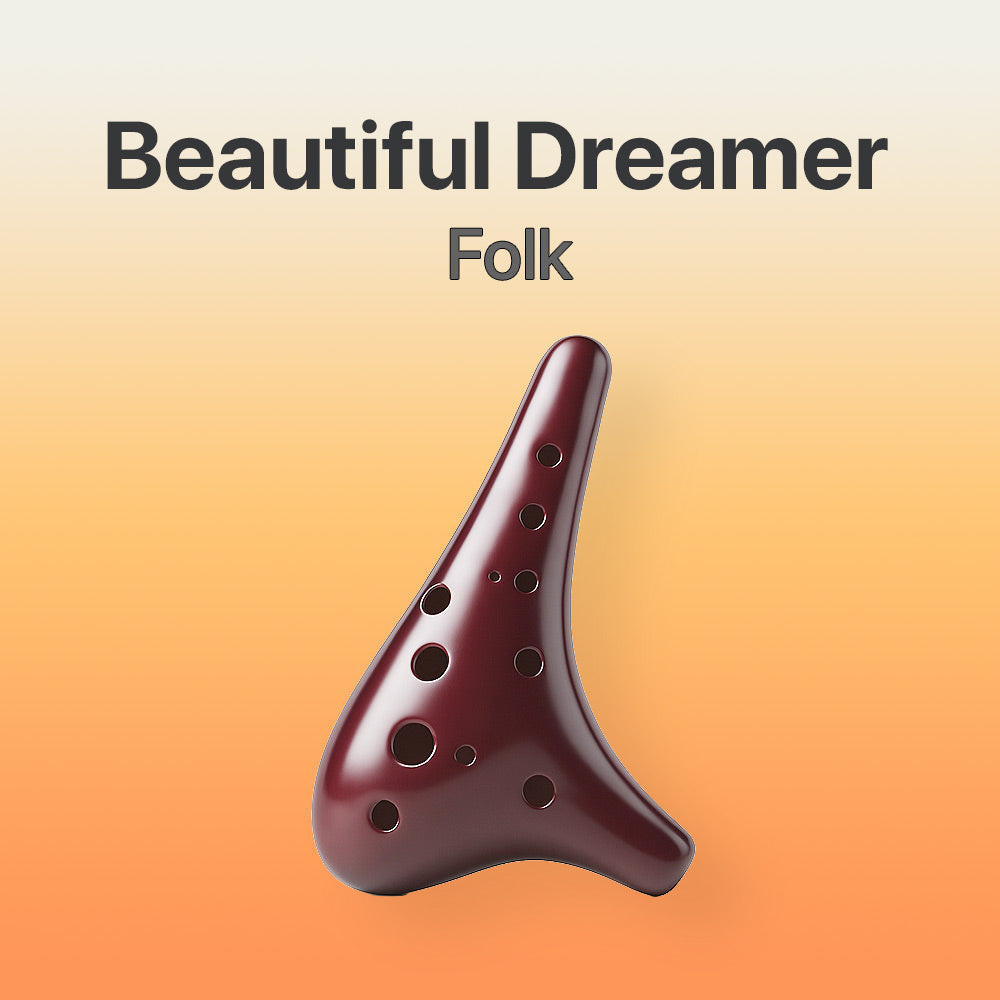 Wooden ocarina with 'Beautiful Dreamer Folk' text on a gradient background