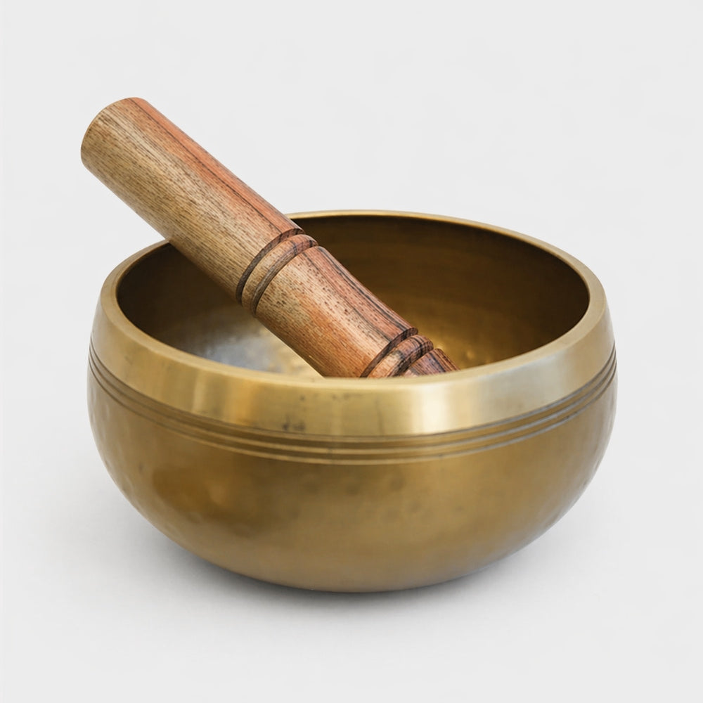 Large Bheja Solid Brass Singing Bowl with Wooden Beater Mallet on a white studio background