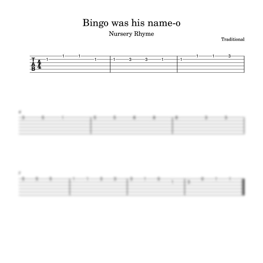 Sheet music for the nursery rhyme 'Bingo was his name-o' with a staff and lyrics.