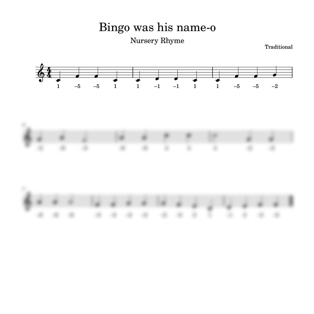 Sheet music for the nursery rhyme 'Bingo was his name-o' with traditional notation.