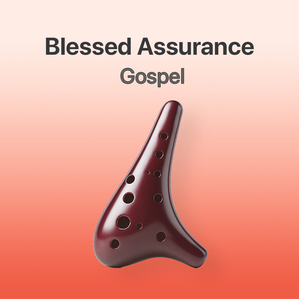 Brown ocarina on a gradient background with 'Blessed Assurance Gospel' text