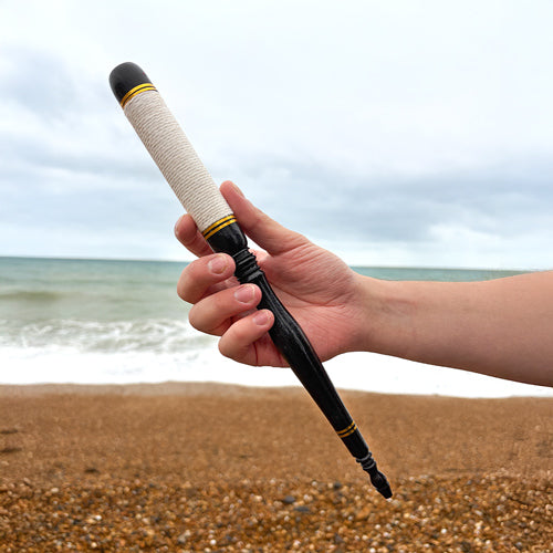 Hand holding a black and beige beater on a beach with ocean and sky in the background