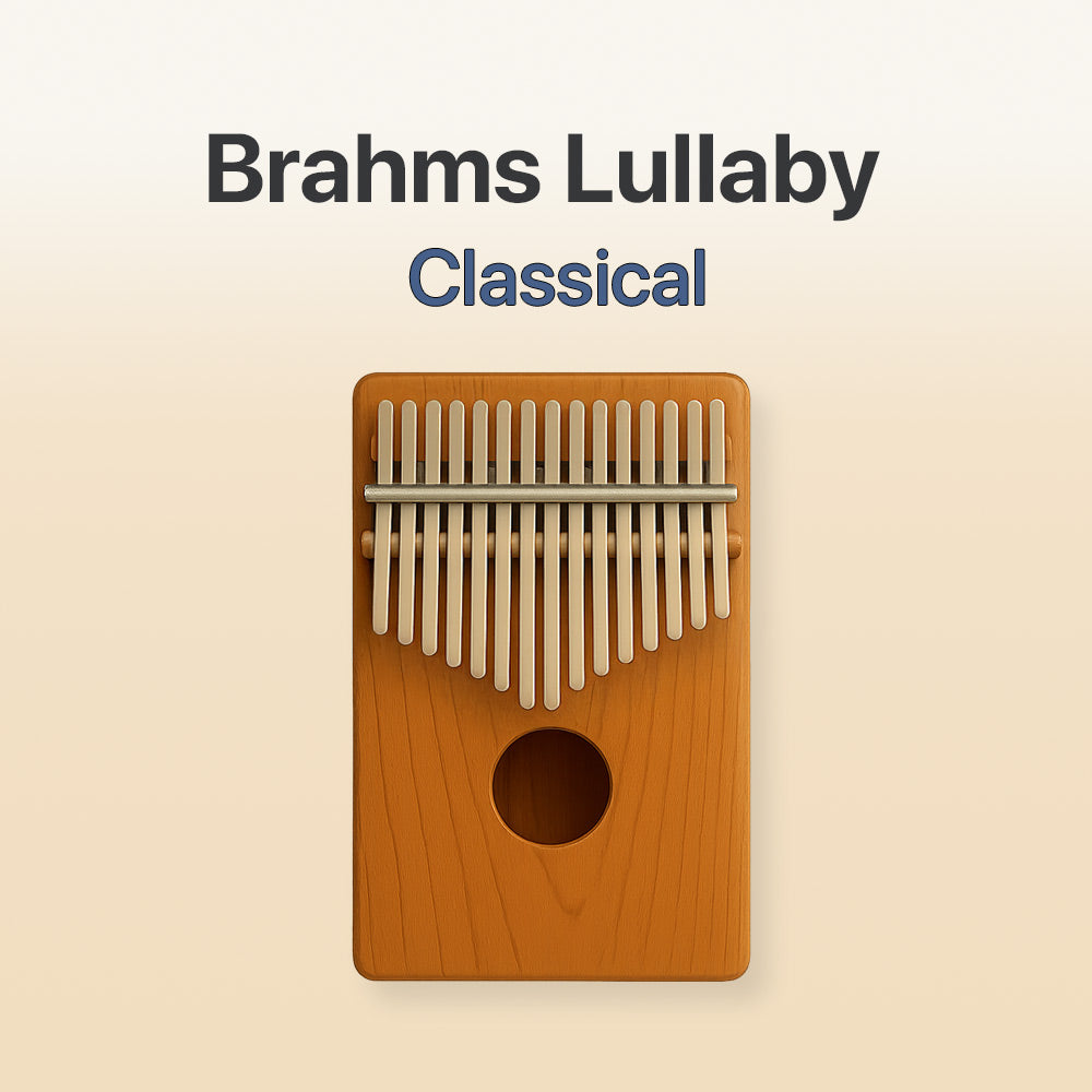 Wooden kalimba with metal tines on a beige background, labeled 'Brahms Lullaby Classical'.