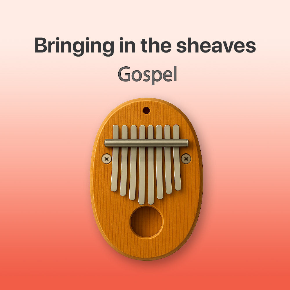 Wooden kalimba with metal tines on a gradient background, text 'Bringing in the sheaves Gospel' above.