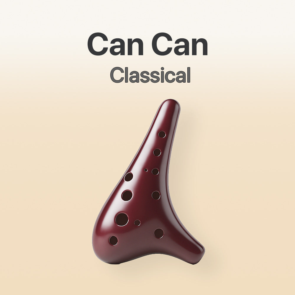Red ocarina with 'Can Can Classical' text on a beige background