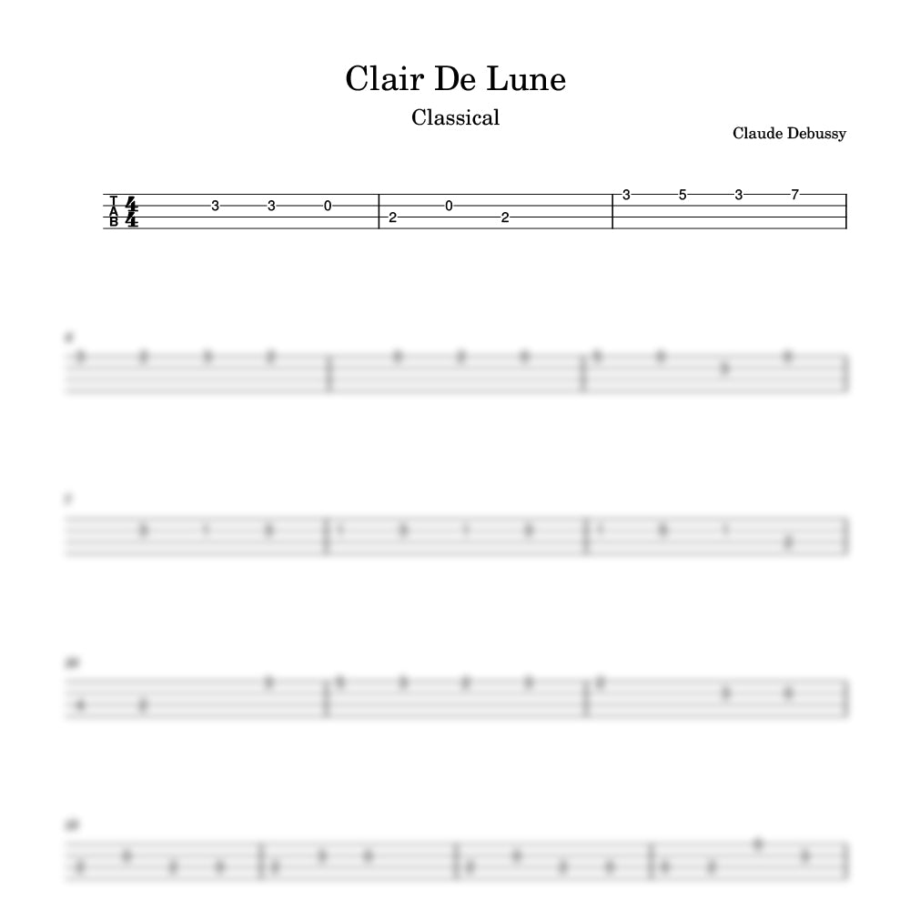Sheet music for 'Clair De Lune' by Claude Debussy with musical notation.