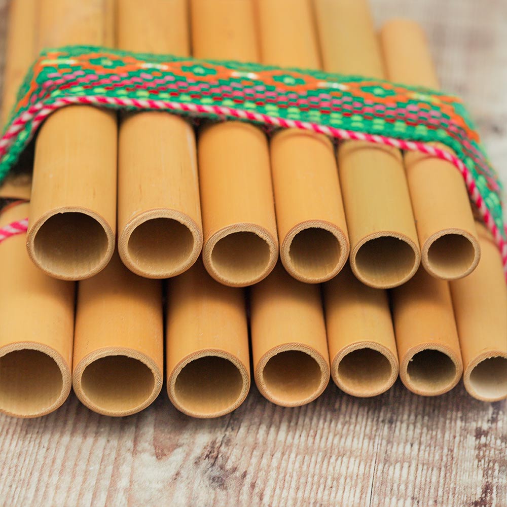 Close-up of bamboo Zanpona panpipes showing the inside of the tubes and the colourful woven band holding them together.