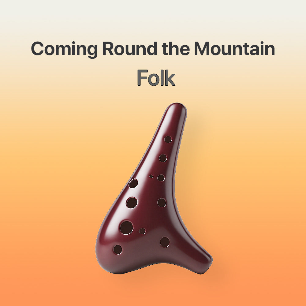 Wooden ocarina on a gradient background with text 'Coming Round the Mountain Folk'.
