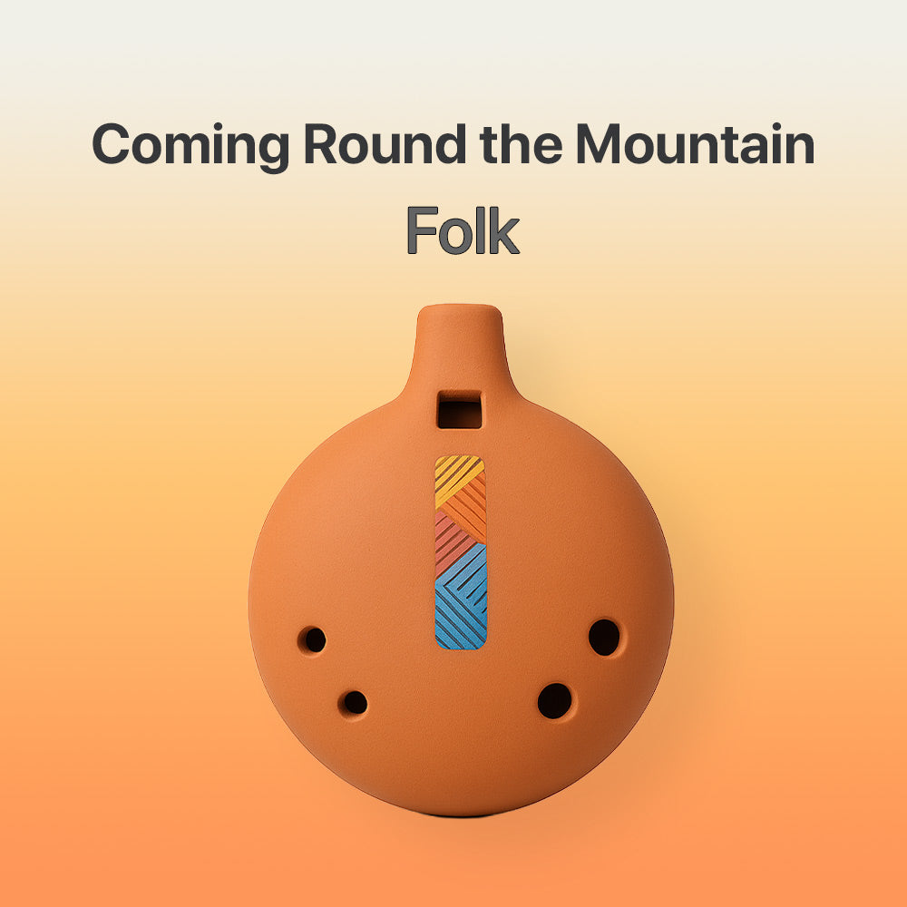 Geometric Ocarina with the text "Coming Round the Mountain Folk" on an orange hued background.