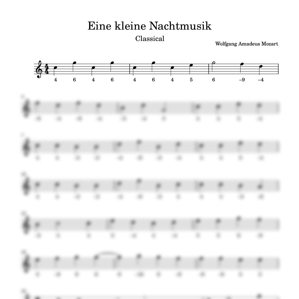 Sheet music for 'Eine kleine Nachtmusik' by Wolfgang Amadeus Mozart with musical notation.