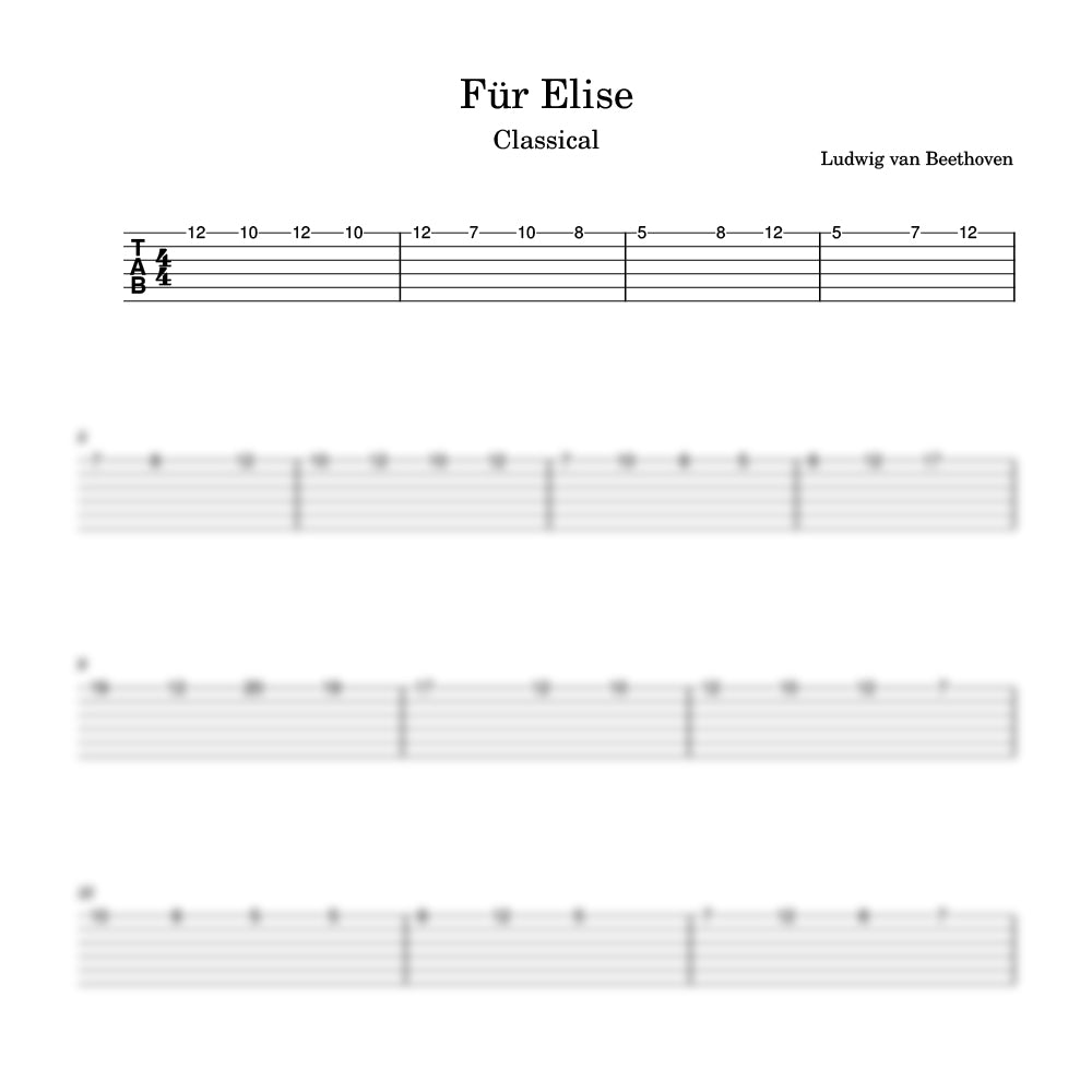 Sheet music for 'Für Elise' by Ludwig van Beethoven with tablature and notation.