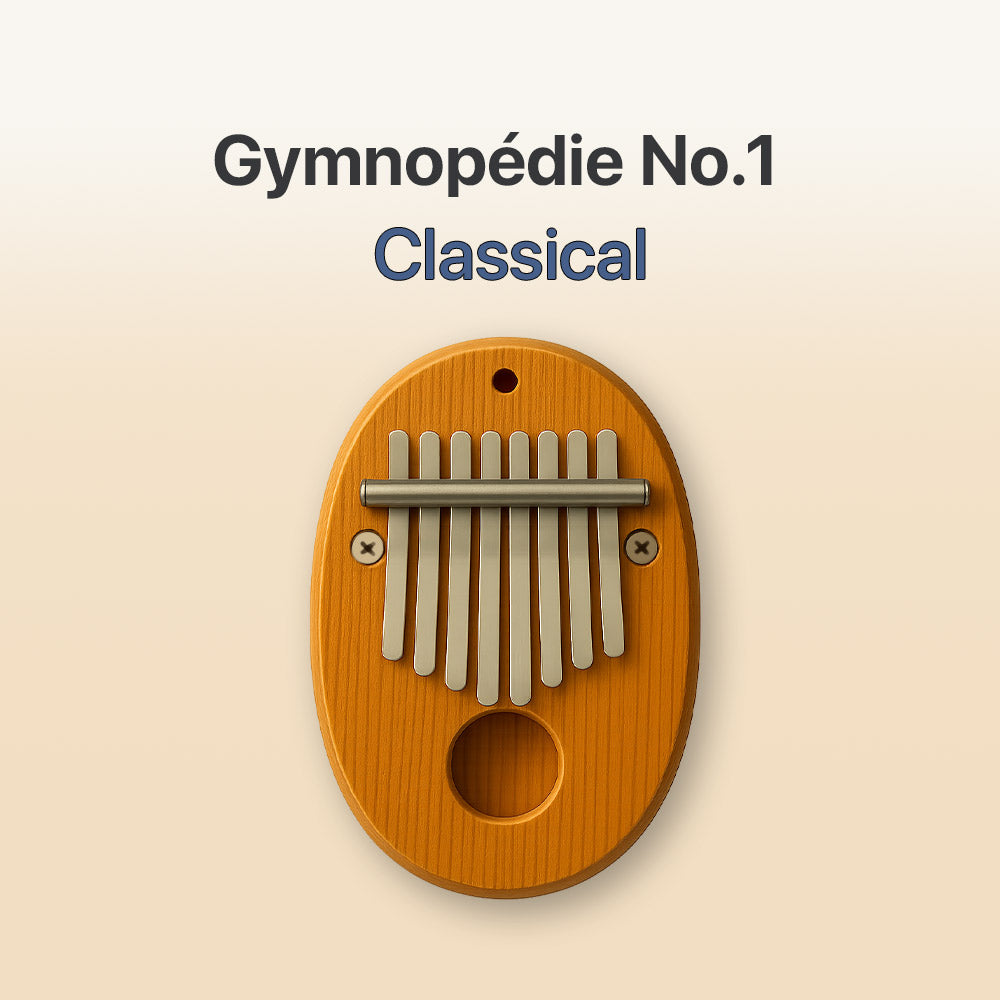 Wooden kalimba with metal tines on a beige background, featuring text 'Gymnopédérie No.1 Classical'.