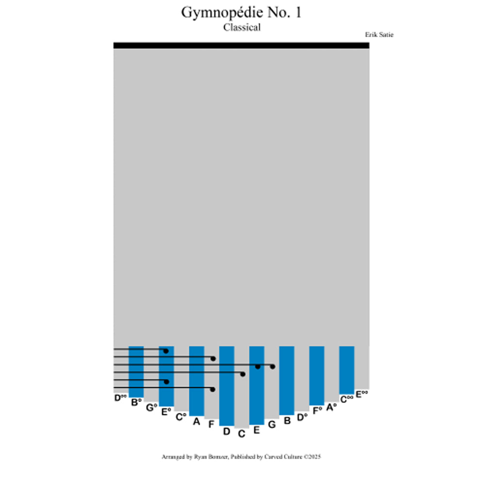 Sheet music cover for 'Gymnopedie No. 1' by Erik Satie with a gray background and blue musical notation.
