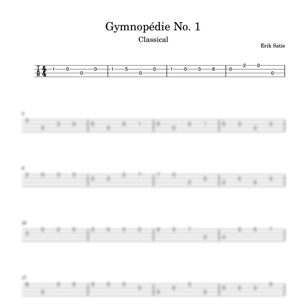 Sheet music for 'Gymnopédie No. 1' by Erik Satie with tablature and notes.
