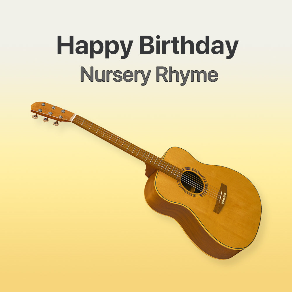 Acoustic guitar on a yellow background with 'Happy Birthday Nursery Rhyme' text.