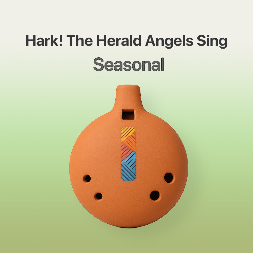 Terracotta-colored ocarina with geometric design on a light green background, featuring text 'Hark! The Herald Angels Sing Seasonal'.