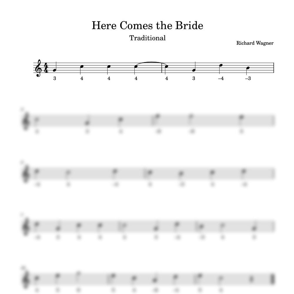 Sheet music for 'Here Comes the Bride' by Richard Wagner with musical notation.