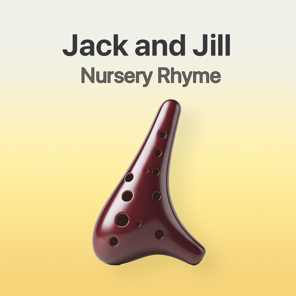 Wooden Ocarina with holes on a gradient background, featuring the text 'Jack and Jill Nursery Rhyme'.