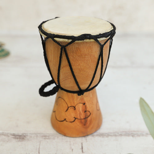 Small Indonesian Wooden Djembe Drum With Cloud Painting