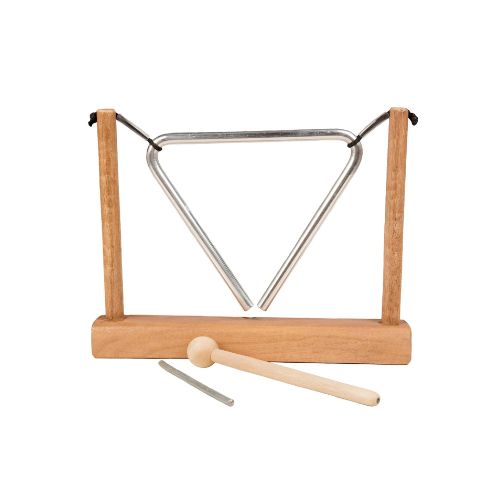 Wooden frame with metal triangle and mallet on a white background