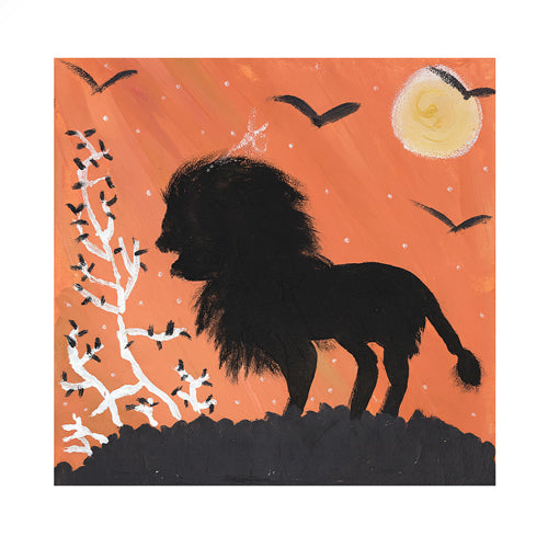 Canvas print with a silhouette of a lion against a starry night sky.