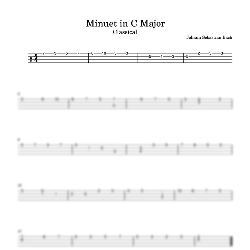 Sheet music for 'Minuet in C Major' by Johann Sebastian Bach with tablature and notes.