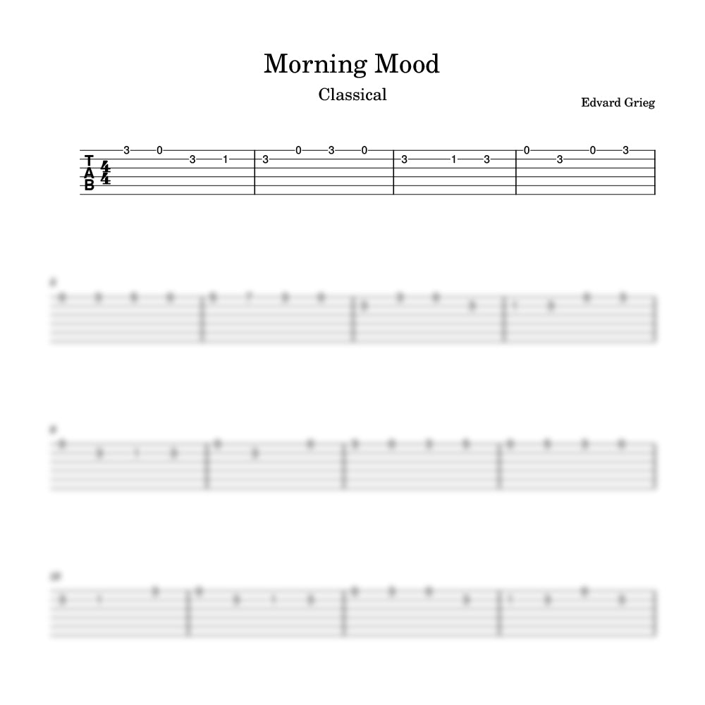 Sheet music for 'Morning Mood' by Edvard Grieg with tablature and sheet music.